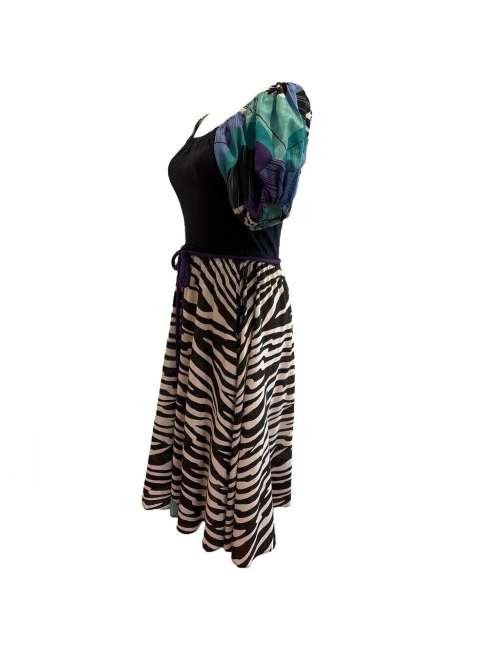 80s DOTTI ZEBRA PRINT MIDI DRESS W FLORAL TROPICAL PRINT PUFFED SLEEVE SZ 8 - Picture 6 of 7